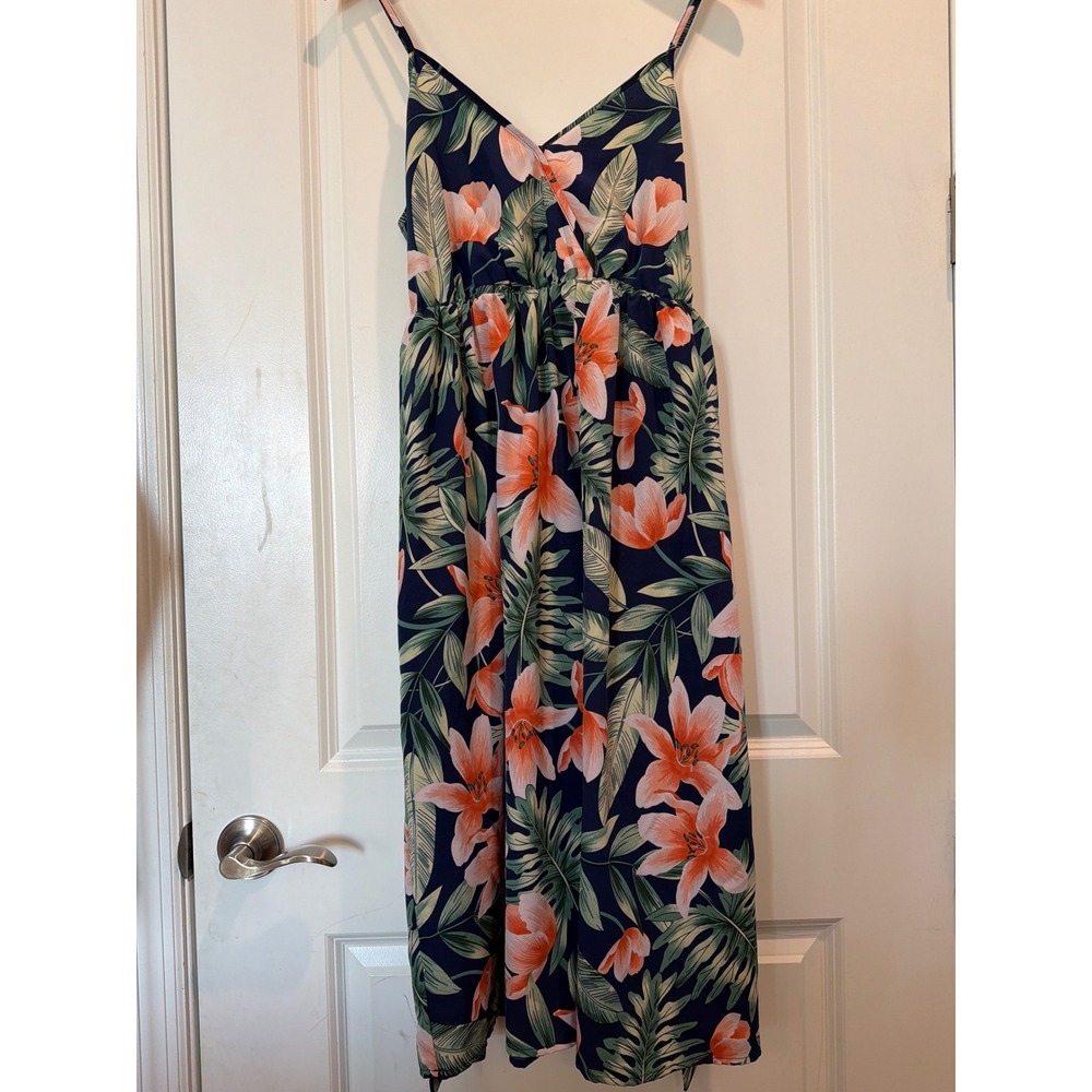 PatPat Women Blue Tropical Floral Maxi Dress Small Peach Hibiscus Palm Leaf Wrap